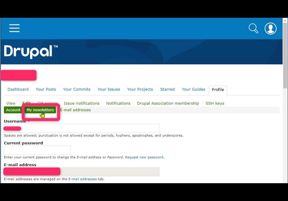 Drupal 脆弱性 メール通知設定画面